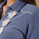 Blue Full Sleeve Woolen Striped Kurti with Lace Work - Lakshita