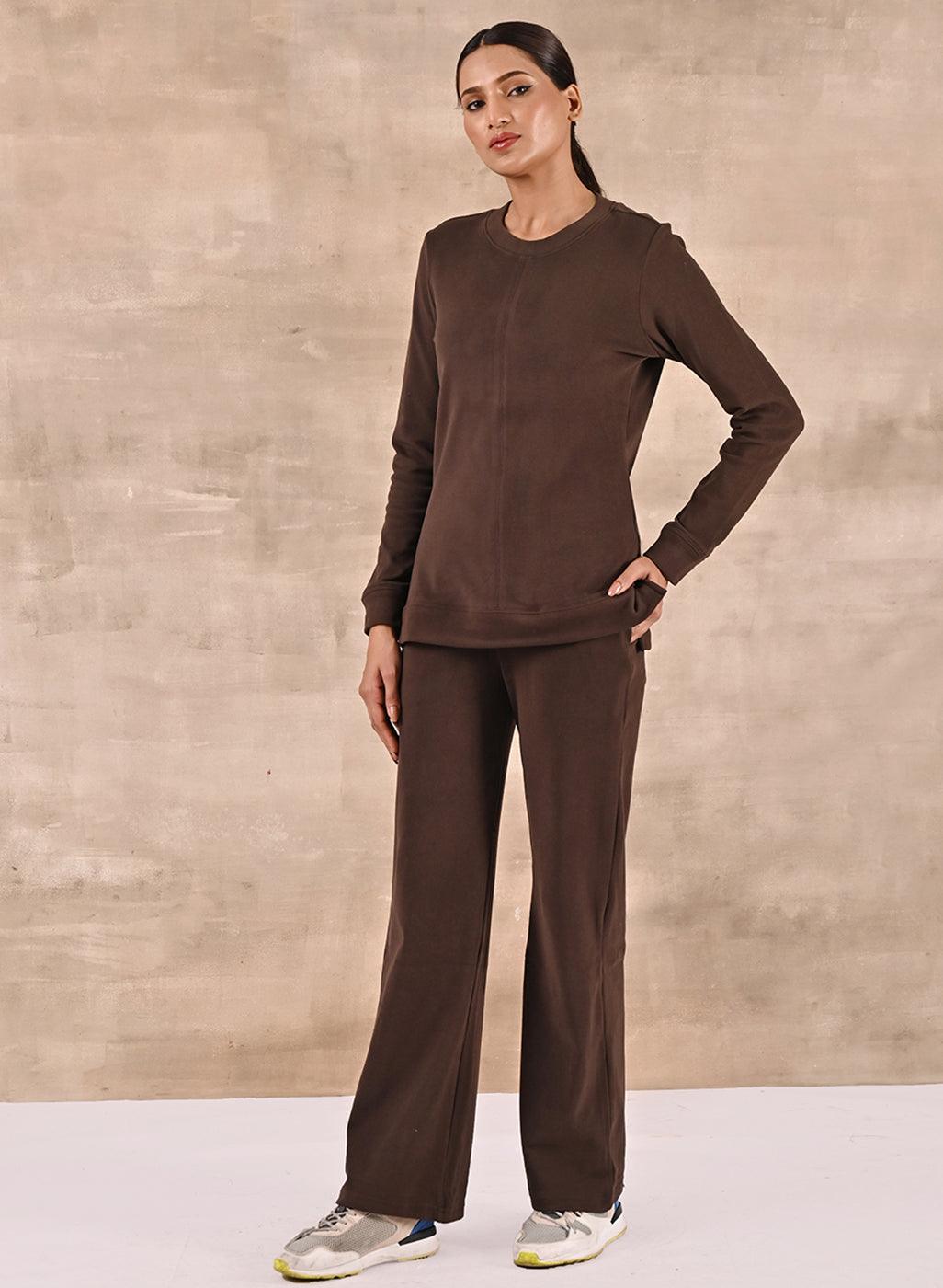 Brown Solid Round Neck Track Suit - Lakshita