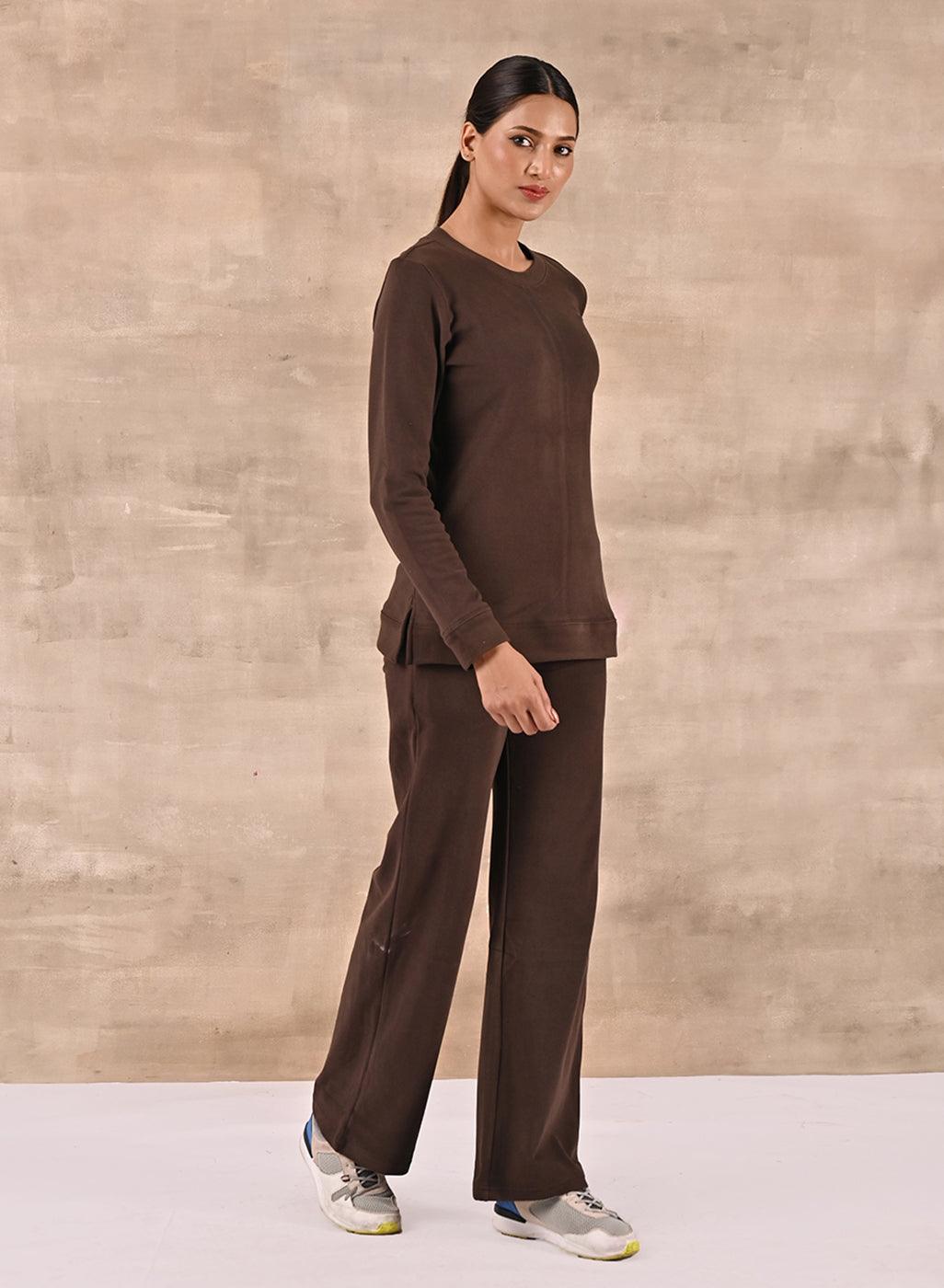 Brown Solid Round Neck Track Suit - Lakshita