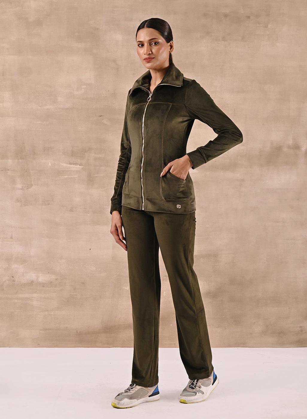 Olive Green Track Suit with Spread Collar - Lakshita