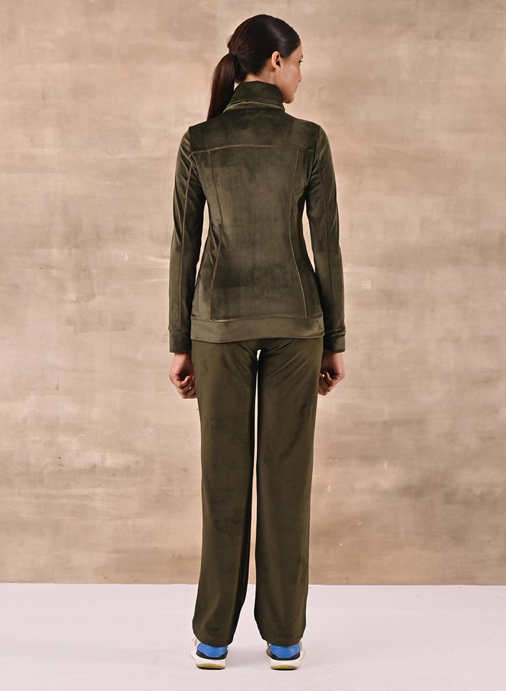 Olive Green Track Suit with Spread Collar - Lakshita