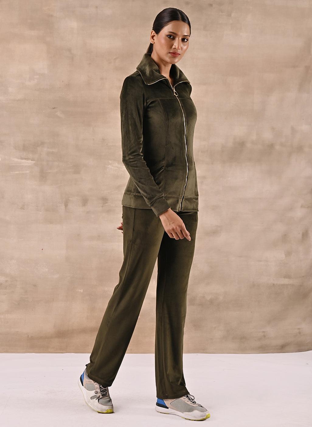 Olive Green Track Suit with Spread Collar - Lakshita