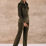 Olive Green Track Suit with Spread Collar - Lakshita
