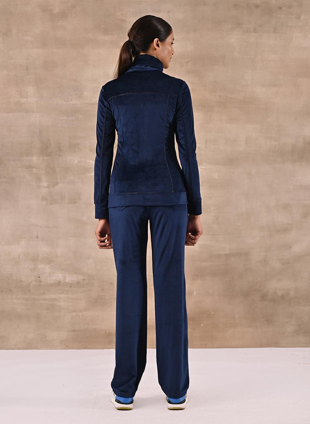 Royal Blue Track Suit with Spread Collar - Lakshita
