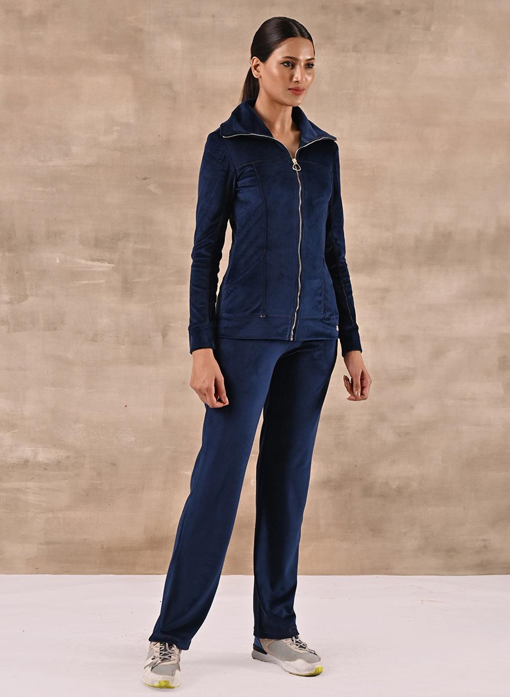 Royal Blue Track Suit with Spread Collar - Lakshita