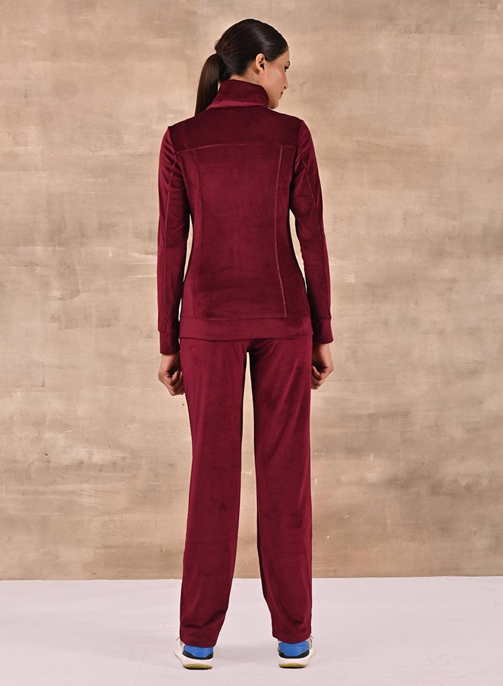 Maroon Track Suit with Spread Collar - Lakshita