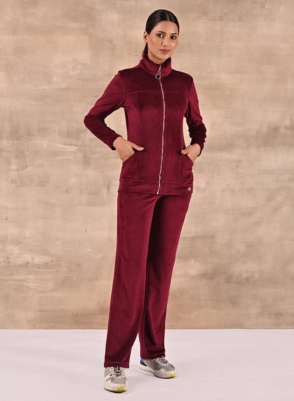 Maroon Track Suit with Spread Collar - Lakshita
