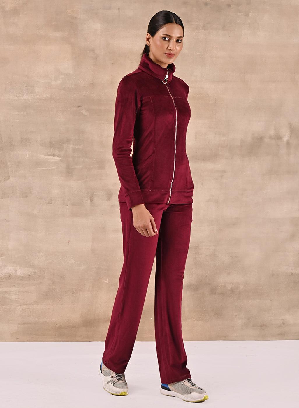 Maroon Track Suit with Spread Collar - Lakshita