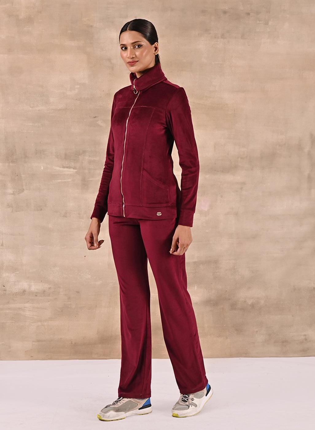 Maroon Track Suit with Spread Collar - Lakshita