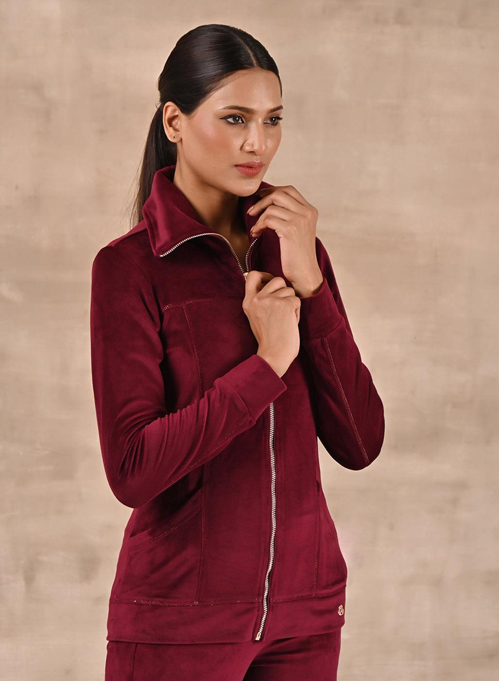 Maroon Track Suit with Spread Collar - Lakshita