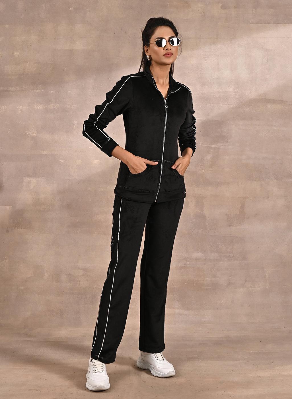 Black Tracksuit with Classic Collar and Zip Closure - Lakshita