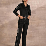 Black Tracksuit with Classic Collar and Zip Closure - Lakshita