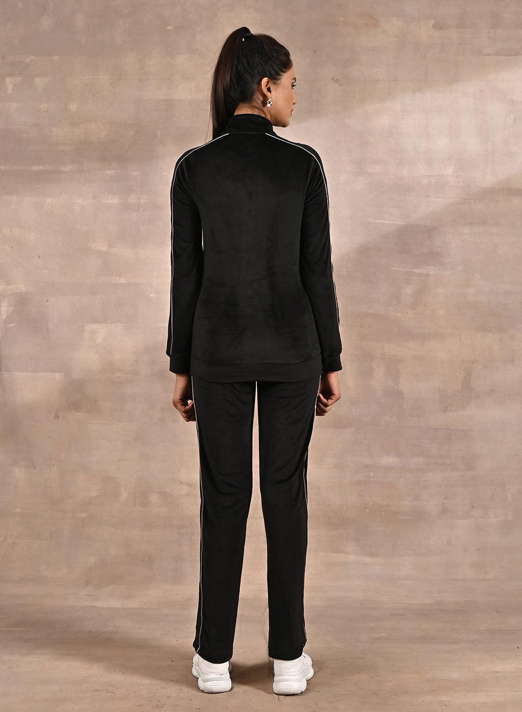 Black Tracksuit with Classic Collar and Zip Closure - Lakshita