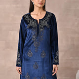 Front view of the Navy Blue Velvet Kurta With Fine Mirror Work