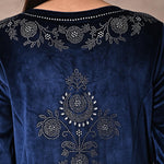 Intricate mirror work on the back of Navy Blue Velvet Kurta