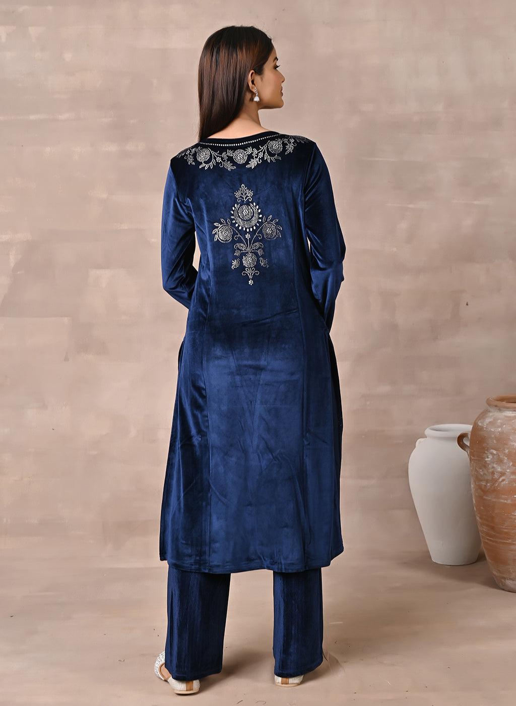 Full back view of Navy Blue Velvet Kurta With Fine Mirror Work