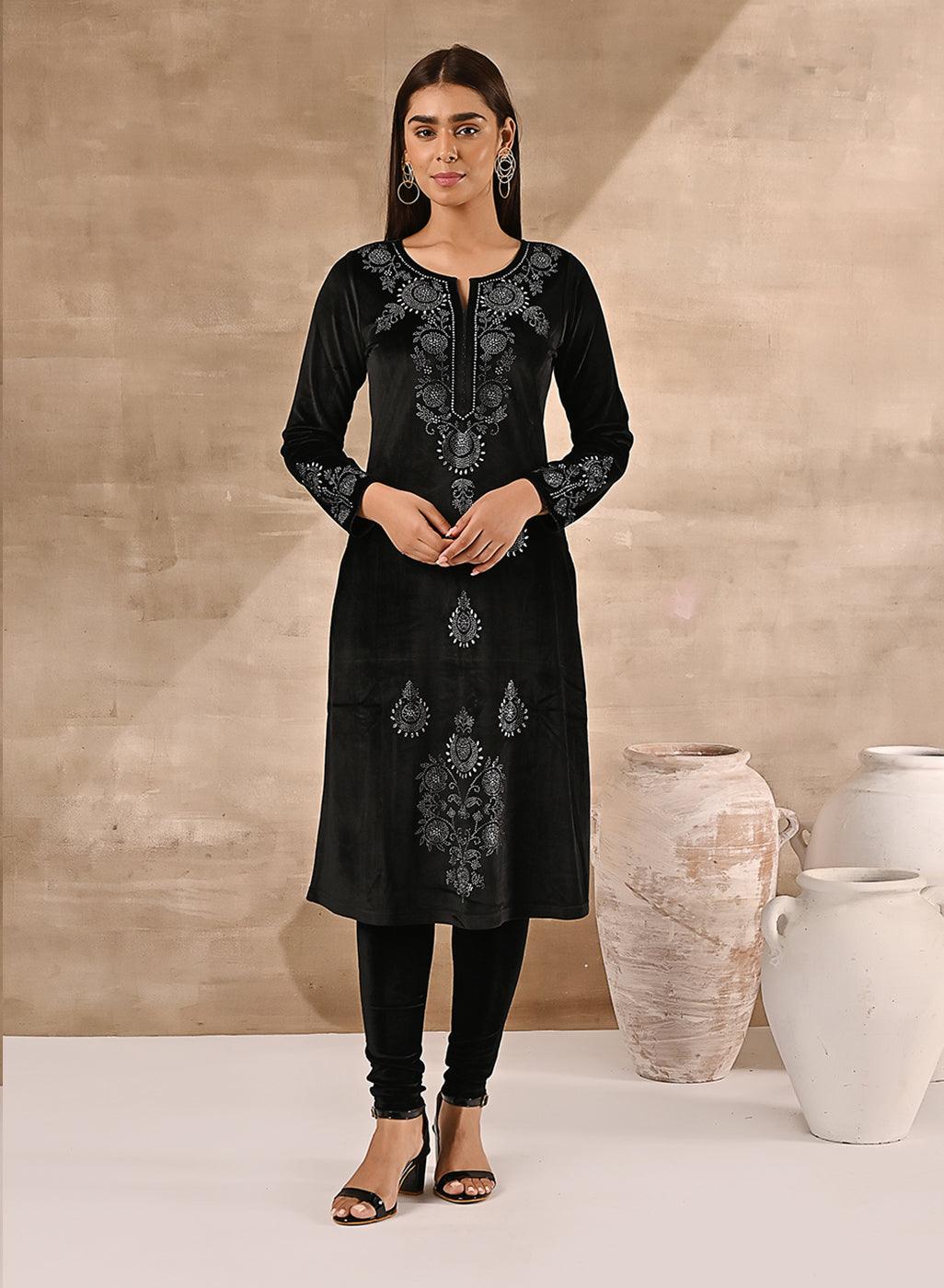 Wide view of Black Velvet Kurta With Fine Mirror Work (front)