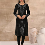 Wide view of Black Velvet Kurta With Fine Mirror Work (front)