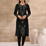 Wide view of Black Velvet Kurta With Fine Mirror Work (front)