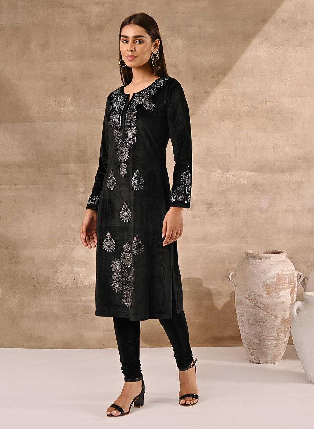 Woman flaunting in Black Velvet Kurta With Fine Mirror Work
