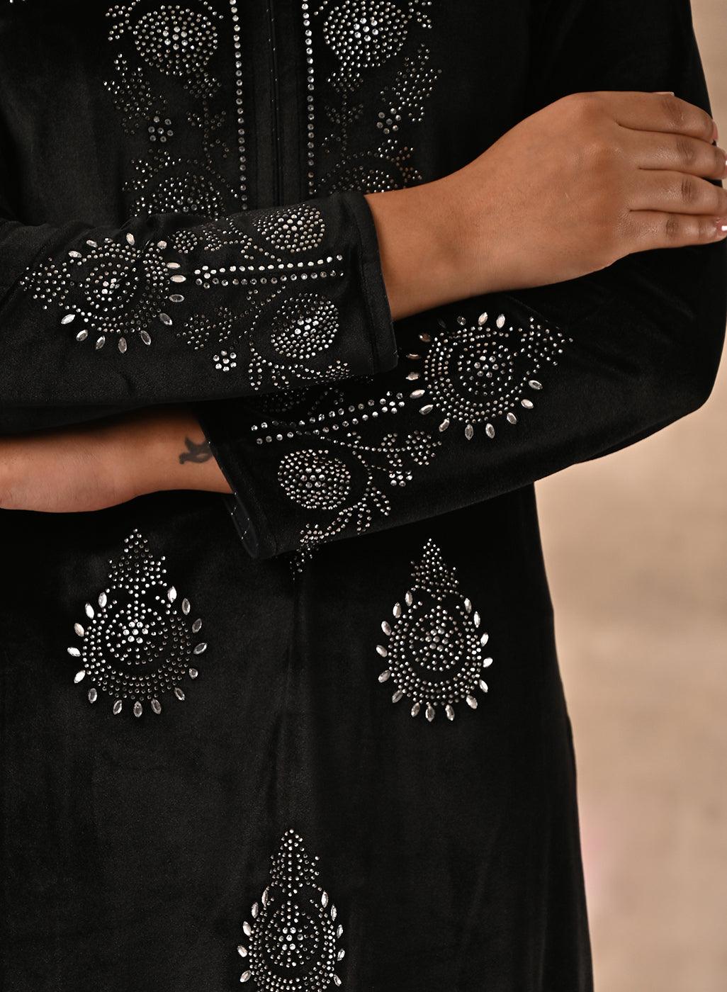 The image presenting the fine mirror work of Black Velvet Kurta by Lakshita Fashion