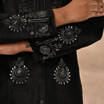 The image presenting the fine mirror work of Black Velvet Kurta by Lakshita Fashion