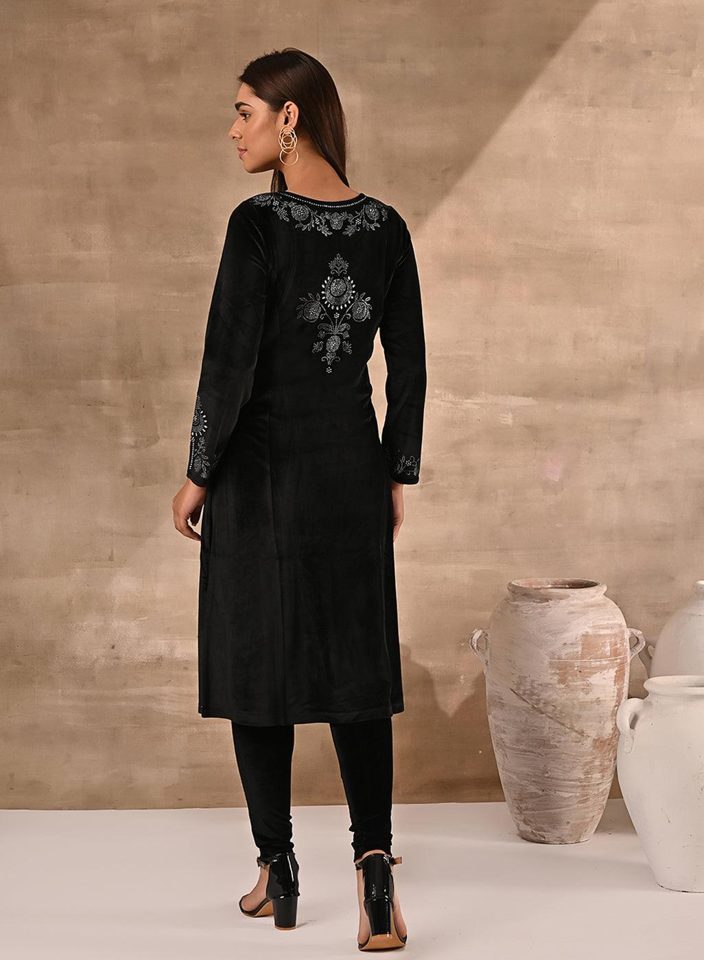 Back view of Black Velvet Kurta With Fine Mirror Work