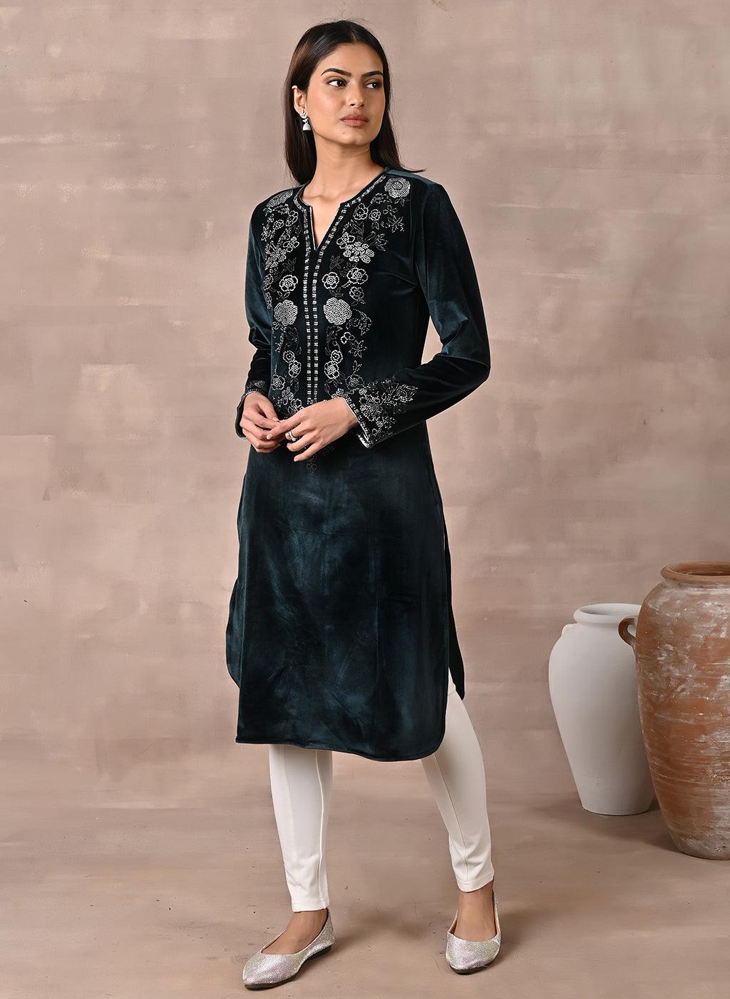 Woman showcasing Green Velvet Kurta with Fine Mirror Beads Work