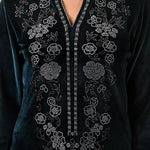 The detailed neckline of the Green Velvet Kurta with Fine Mirror Beads Work