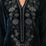 The detailed neckline of the Green Velvet Kurta with Fine Mirror Beads Work