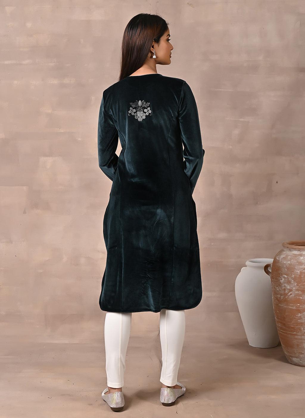 Back view of Green Velvet Kurta with Fine Mirror Beads Work