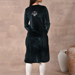 Back view of Green Velvet Kurta with Fine Mirror Beads Work
