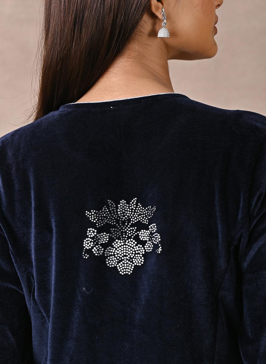 Unique mirror work on the back of Navy Blue Velvet Kurta
