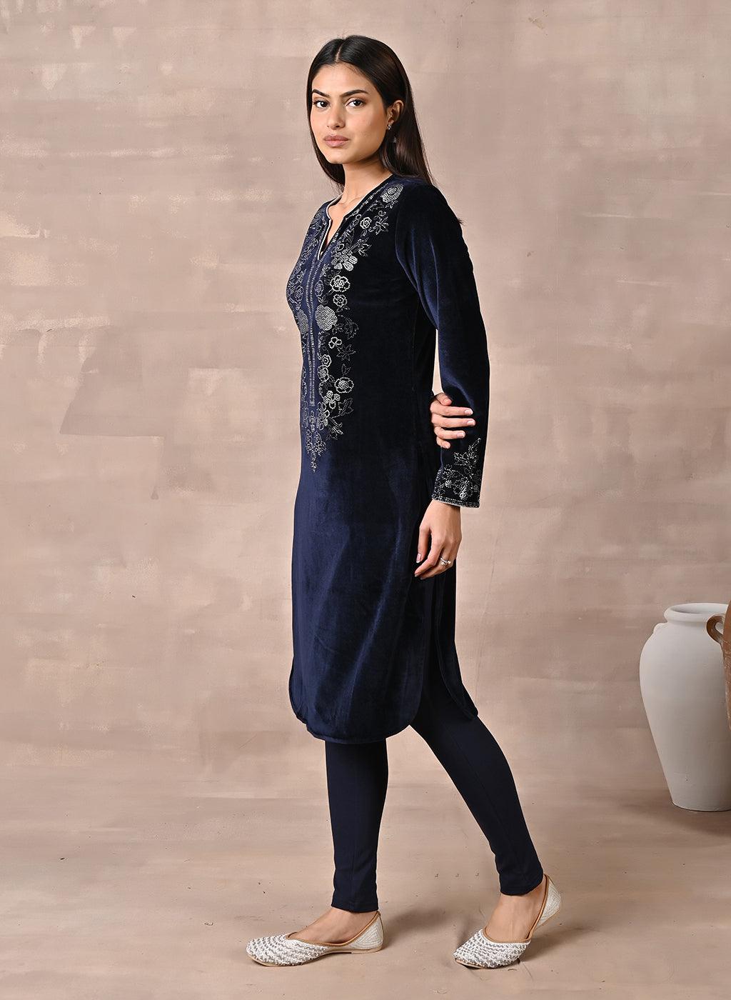 Side view of Navy Blue Velvet Kurta with Fine Mirror Beads Work