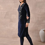 Side view of Navy Blue Velvet Kurta with Fine Mirror Beads Work