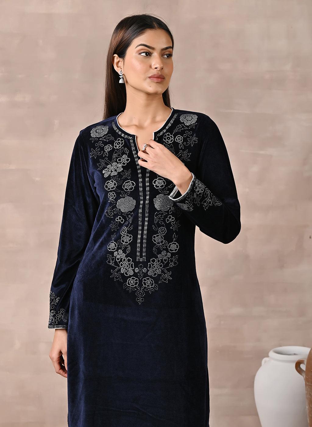 Front view of Navy Blue Velvet Kurta with Fine Mirror Beads Work