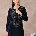 Front view of Navy Blue Velvet Kurta with Fine Mirror Beads Work