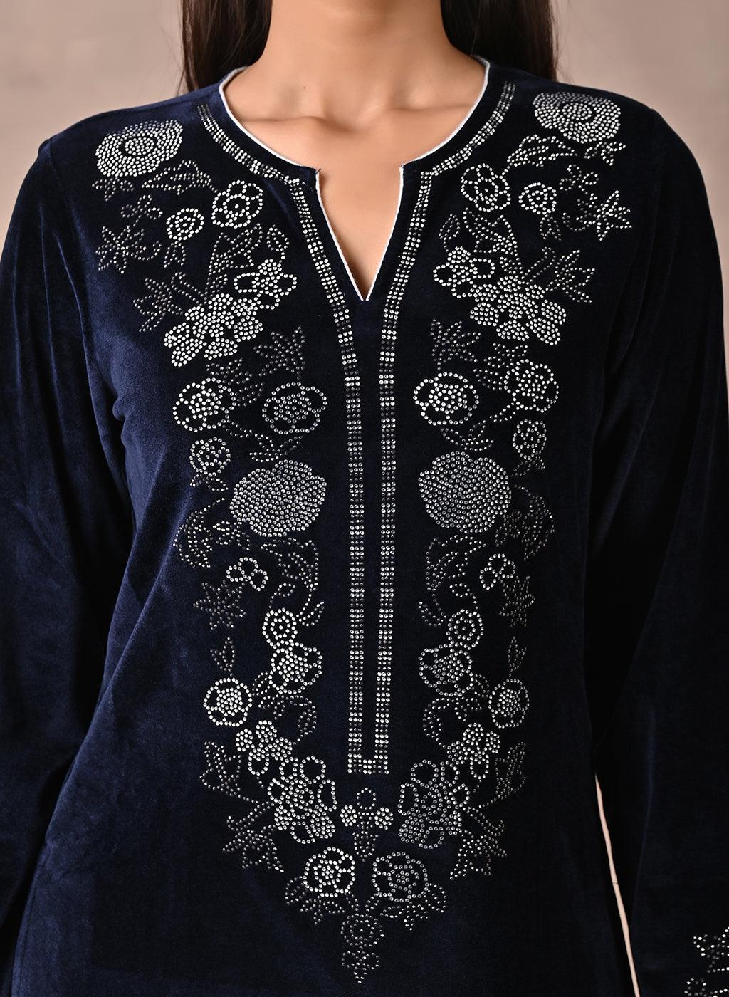 Intricate work on neckline of Navy Blue Velvet Kurta with Fine Mirror Beads Work