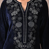 Intricate work on neckline of Navy Blue Velvet Kurta with Fine Mirror Beads Work