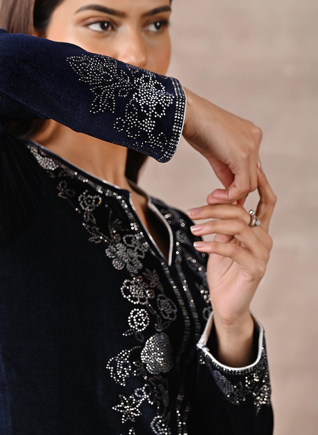 Detail mirror work on the sleeves of Navy Blue Velvet Kurta