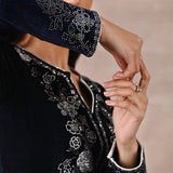 Detail mirror work on the sleeves of Navy Blue Velvet Kurta