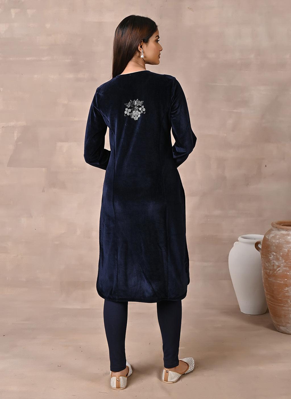 Full back view of the Navy Blue Velvet Kurta with Fine Mirror Beads Work