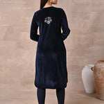 Full back view of the Navy Blue Velvet Kurta with Fine Mirror Beads Work