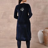 Full back view of the Navy Blue Velvet Kurta with Fine Mirror Beads Work