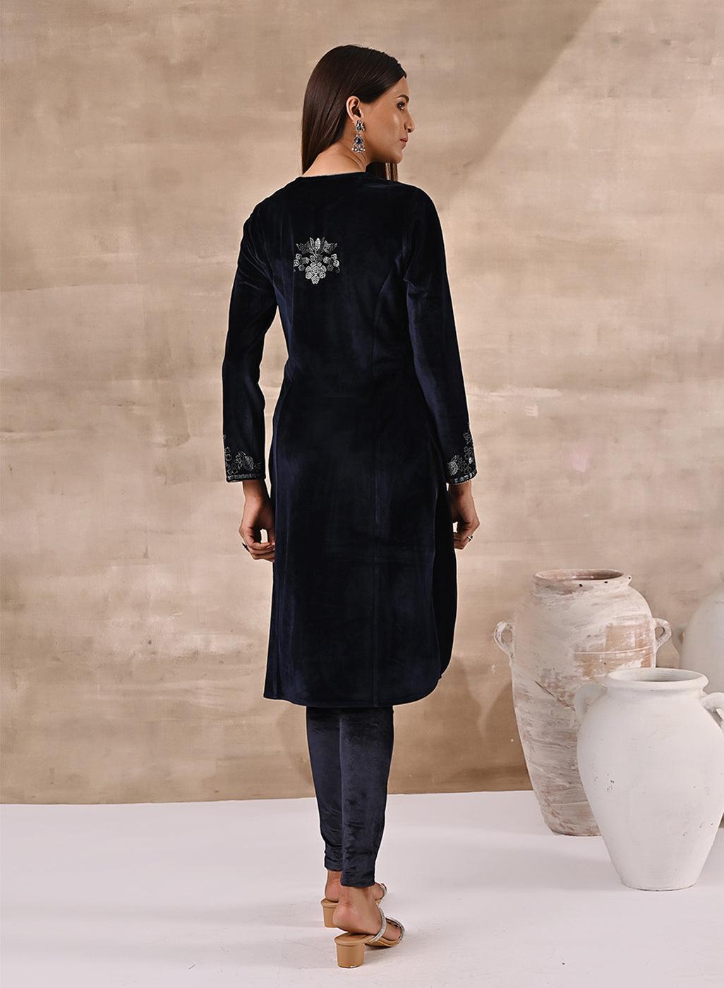 Back view of Purple Velvet Kurta with Fine Mirror Beads Work