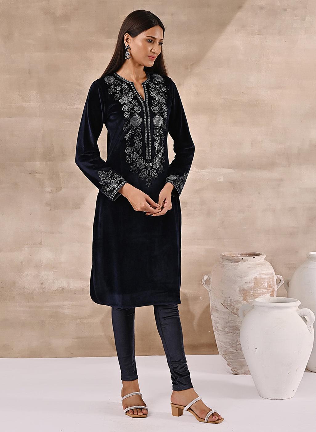 Woman blushing in Purple Velvet Kurta with Fine Mirror Beads Work