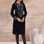 Woman blushing in Purple Velvet Kurta with Fine Mirror Beads Work