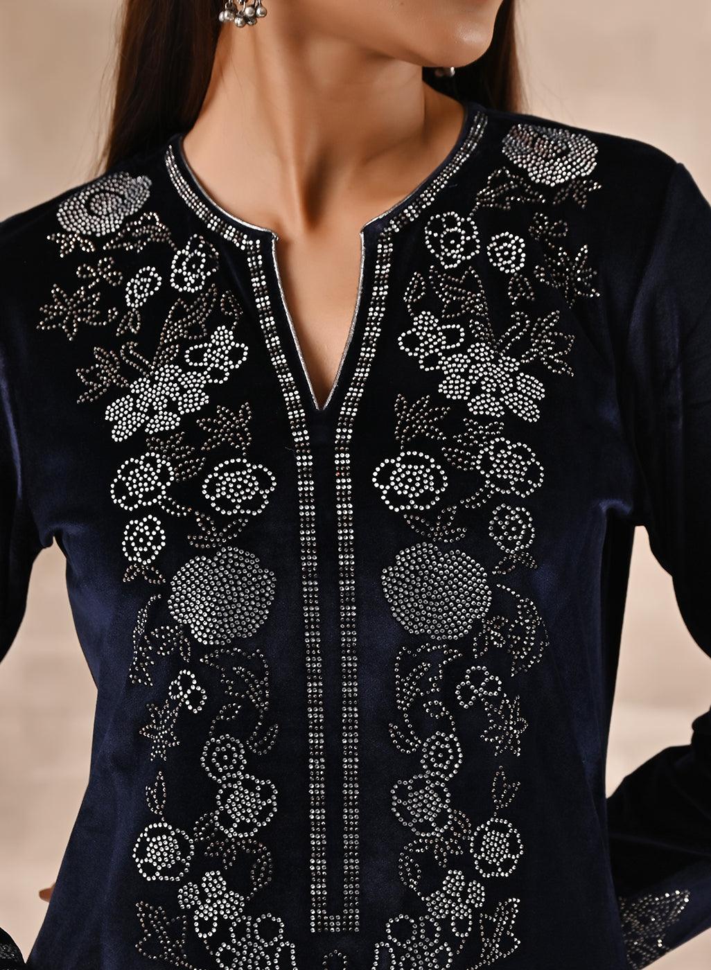 Intricate work on the neckline of Purple Velvet Kurta with Fine Mirror Beads Work
