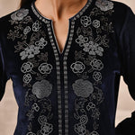 Intricate work on the neckline of Purple Velvet Kurta with Fine Mirror Beads Work