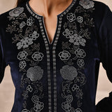 Intricate work on the neckline of Purple Velvet Kurta with Fine Mirror Beads Work